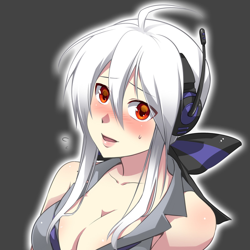 bare_shoulders blush bow breasts caffein cleavage hair_bow headphones headset highres large_breasts lips long_hair looking_at_viewer open_mouth ponytail red_eyes solo sweatdrop vocaloid voyakiloid white_hair yowane_haku