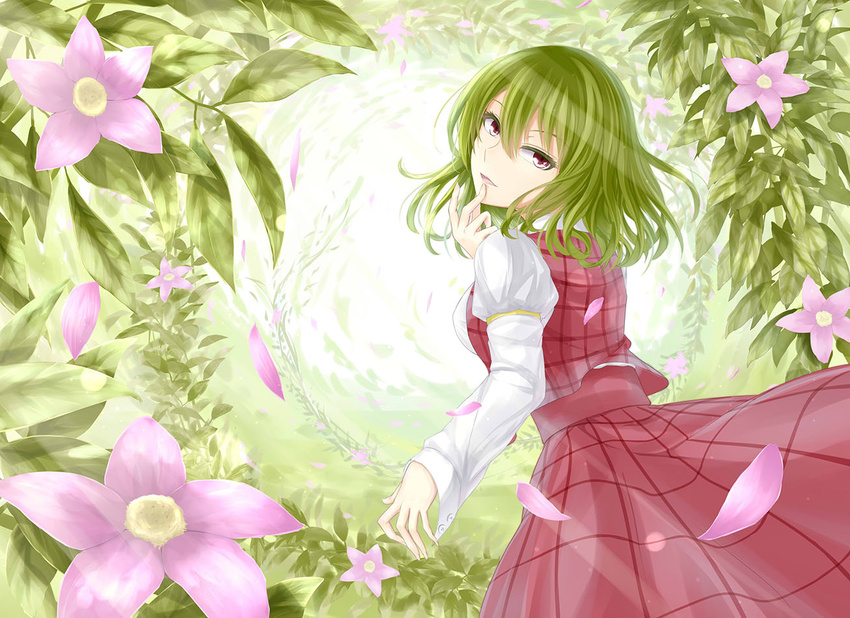 back bad_id bad_pixiv_id blush breasts flower green_hair kazami_yuuka medium_breasts open_mouth plaid primamiya red_eyes shirt short_hair skirt solo touhou vest