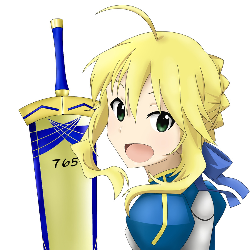 238_(psp22_238) ahoge artoria_pendragon_(all) avalon_(fate/stay_night) blonde_hair bow braid cosplay excalibur fate/stay_night fate_(series) green_eyes highres hoshii_miki idolmaster idolmaster_(classic) parody saber saber_(cosplay) simple_background