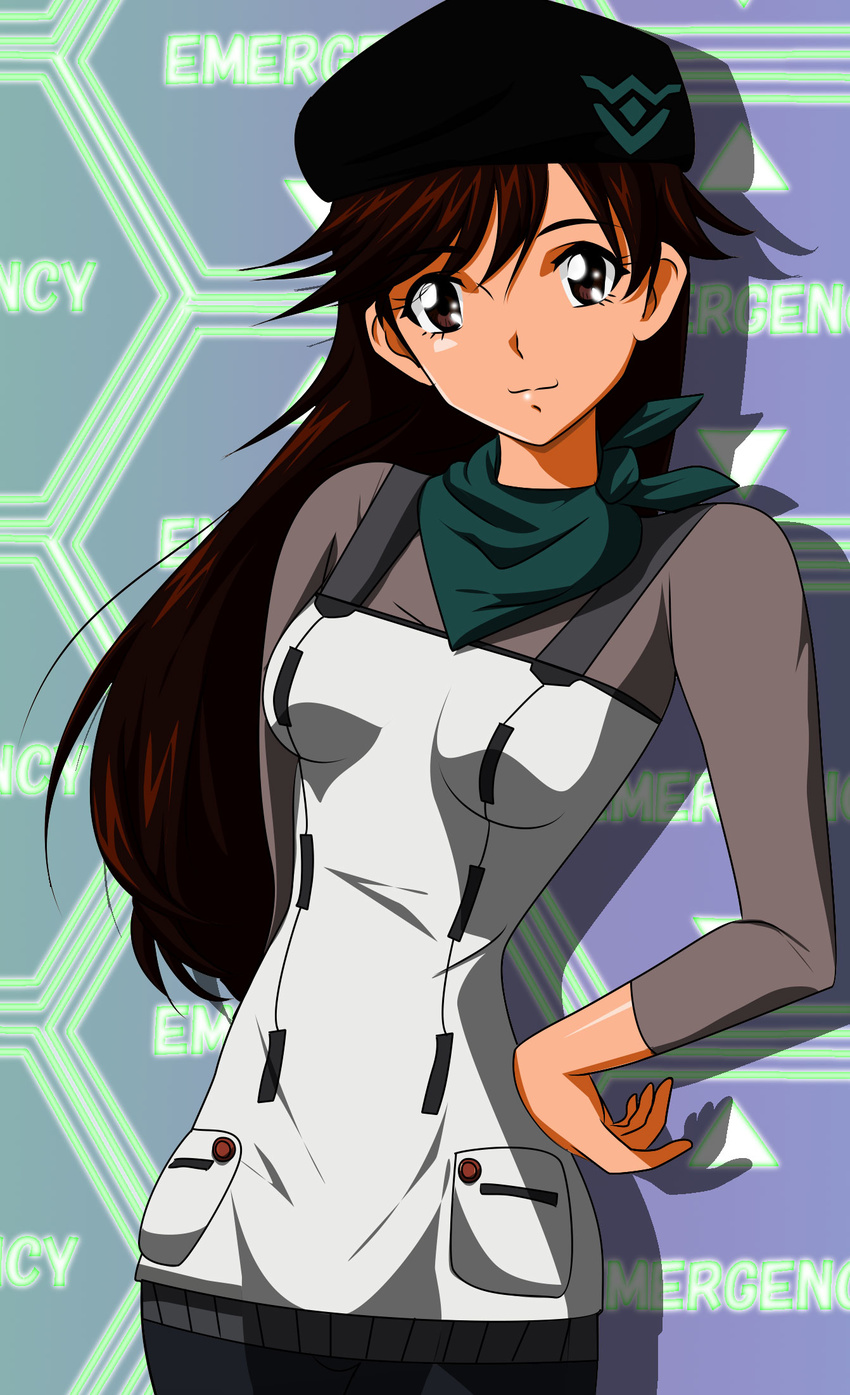 1girl brown_eyes brown_hair evangelion:_3.0_you_can_(not)_redo gentoku hand_on_hip hat highres long_hair military military_uniform neckerchief neon_genesis_evangelion rebuild_of_evangelion shadow solo spoilers suzuhara_sakura uniform