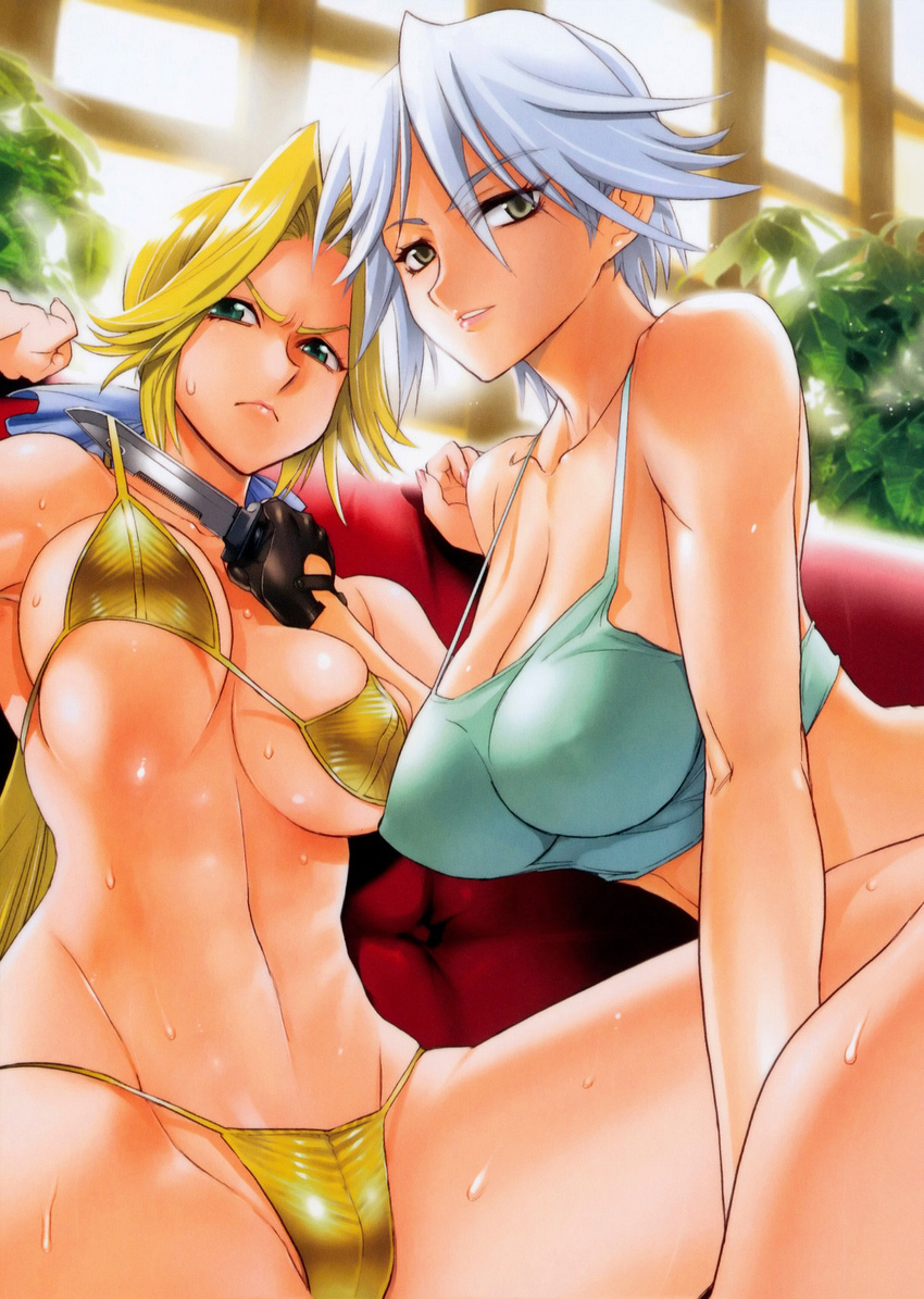 absurdres bikini black_gloves blonde_hair breasts christie_(doa) cleavage combat_knife couch covered_nipples dead_or_alive eyelashes gloves green_eyes grey_eyes hair_intakes helena_douglas highres huge_breasts knife lips long_hair midriff multiple_girls navel satou_shouji scan short_hair sideboob sitting strap_gap sweat swimsuit tankini thong_bikini underboob weapon wet white_hair