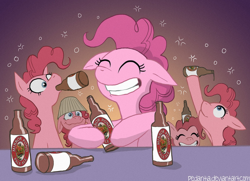 alcohol beer beverage blue_eyes bottle claire_lamouf drunk equine eyes_closed female feral friendship_is_magic fur grin group hair horse intoxicated lampshade mammal my_little_pony pedantia pink_fur pink_hair pinkie_pie_(mlp) pony smile