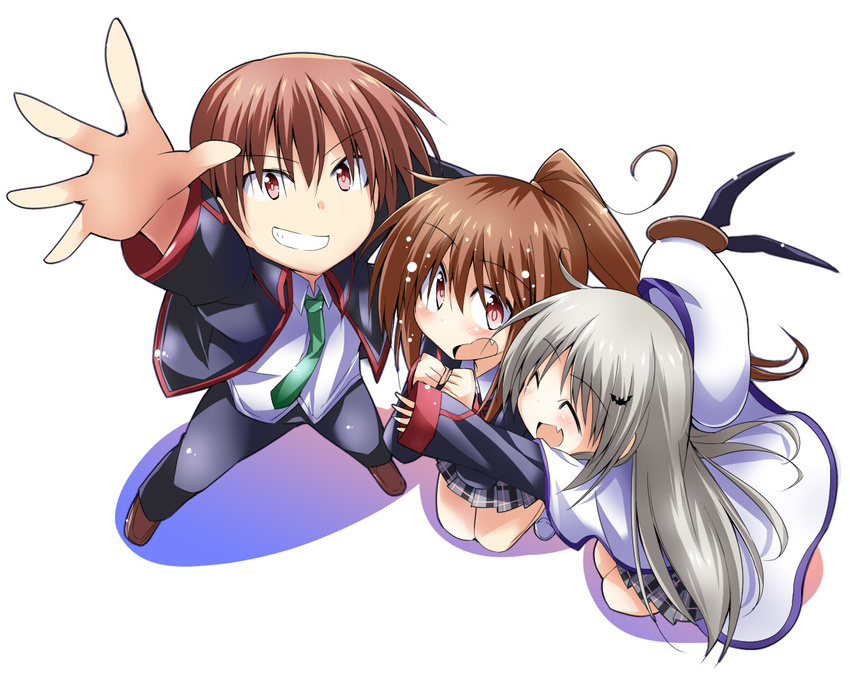 2girls bibi brown_hair cape closed_eyes fang foreshortening from_above hat little_busters! long_hair multiple_girls natsume_kyousuke natsume_rin noumi_kudryavka ponytail red_eyes school_uniform short_hair silver_hair