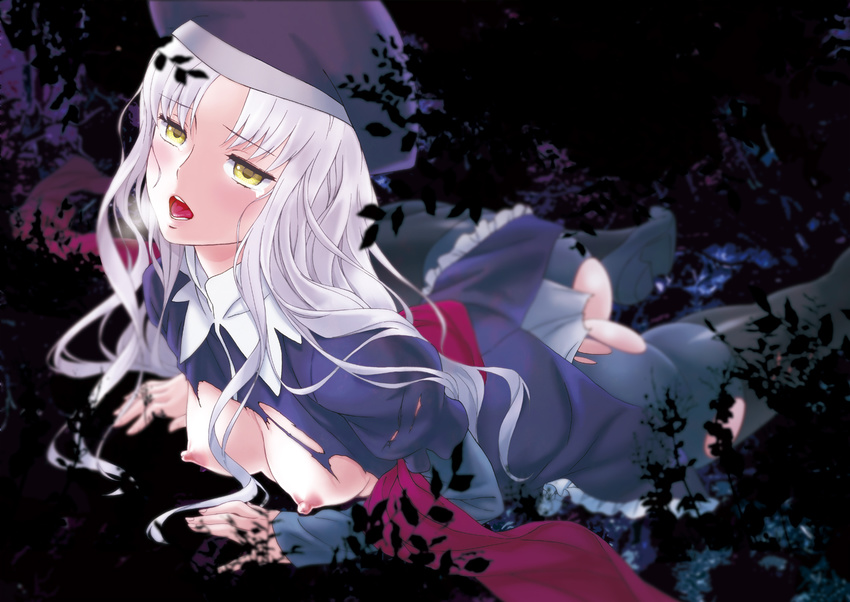 ass breasts caren_hortensia fate/hollow_ataraxia fate_(series) fetishist hat layered_sleeves long_hair medium_breasts nipples pantyhose silver_hair solo tears thighhighs torn_clothes torn_legwear white_hair yellow_eyes