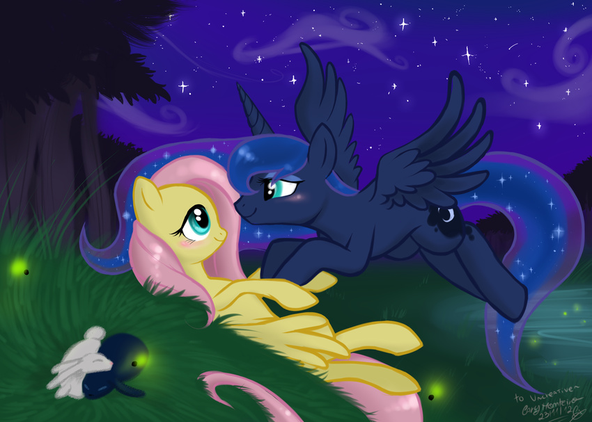 blue_hair blush carykaiba cutie_mark duo equine eye_contact female feral firefly fluttershy_(mlp) forest friendship_is_magic fur hair horn horse lagomorph long_hair mammal multi-colored_hair my_little_pony night outside pegasus pink_hair pony princess_luna_(mlp) rabbit sky smile teal_eyes tree winged_unicorn wings yellow_fur