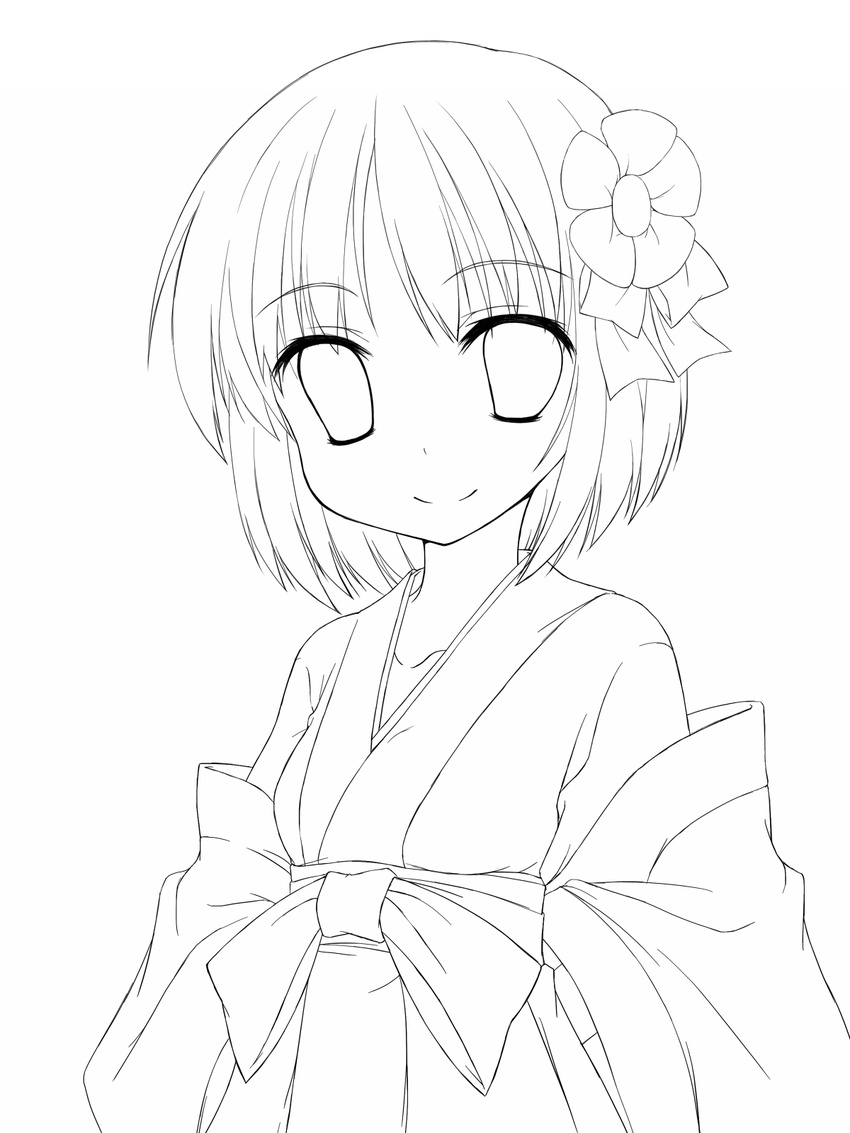 flower greyscale hair_flower hair_ornament hieda_no_akyuu highres japanese_clothes lineart monochrome short_hair smile solo tensousui touhou