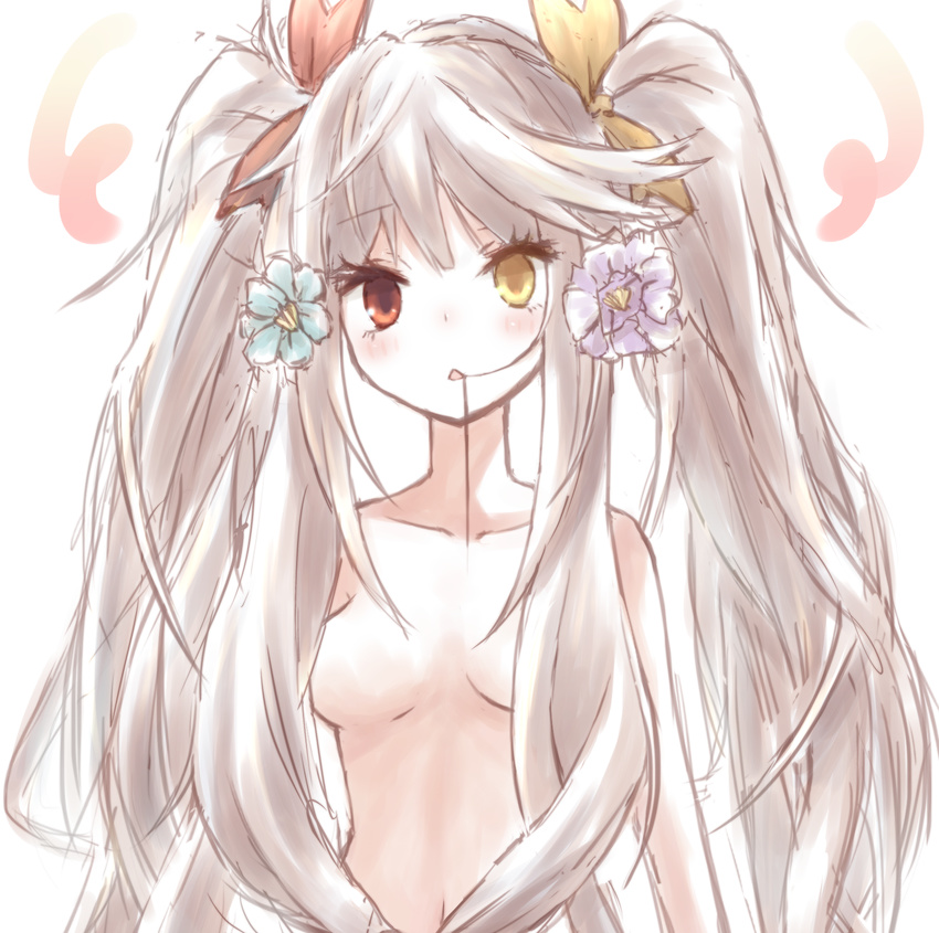 bad_id bad_pixiv_id blush breasts buran_(kure) flower hair_flower hair_in_mouth hair_ornament heterochromia highres long_hair looking_at_viewer medium_breasts nude original red_eyes simple_background solo triangle_mouth upper_body very_long_hair white_background yellow_eyes