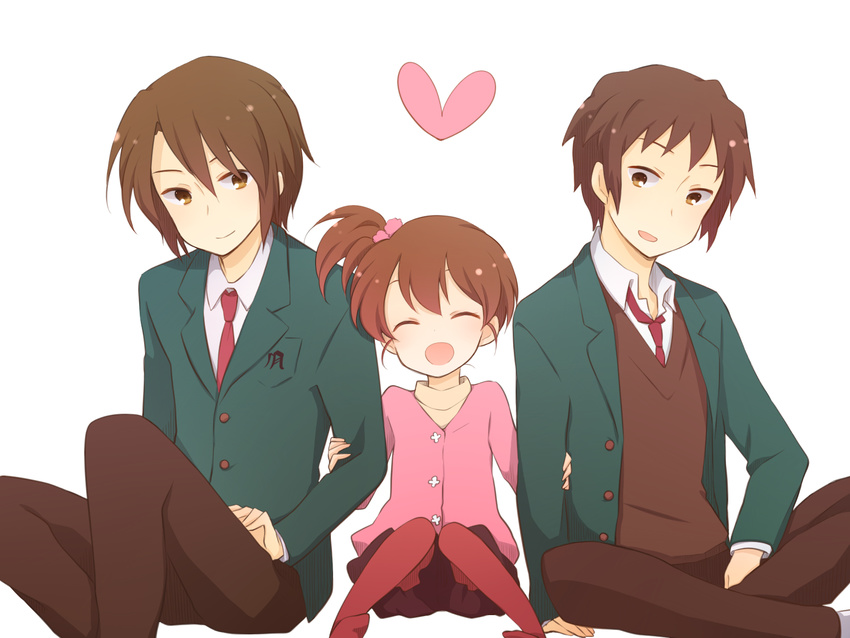 2boys brown_eyes brown_hair closed_eyes heart highres kinokosuke kita_high_school_uniform koizumi_itsuki kyon kyon_no_imouto multiple_boys pantyhose school_uniform short_hair side_ponytail sitting suzumiya_haruhi_no_yuuutsu