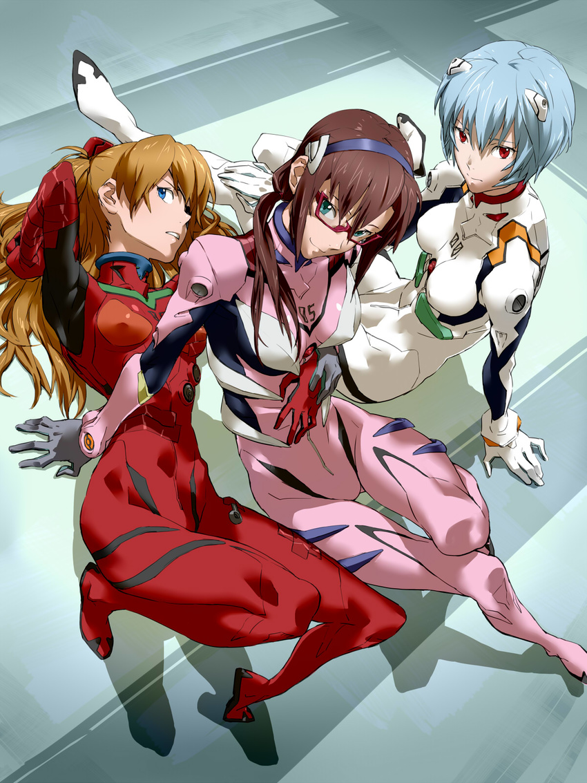 arm_around_waist arm_behind_head arm_support arm_up armpits ayanami_rei baariya bangs black_hair blue_eyes blue_hair bodysuit bracer breasts breasts_apart brown_hair closed_mouth covered_nipples evangelion:_3.0_you_can_(not)_redo expressionless eyepatch from_above from_side full_body glasses gloves green_eyes hair_between_eyes hair_over_shoulder hairband hand_on_another's_stomach hand_on_own_knee head_tilt headgear highres holding_hands hug hug_from_behind knees_up legs_together light_smile long_hair looking_at_viewer low_twintails lying makinami_mari_illustrious medium_breasts multiple_girls neon_genesis_evangelion number on_back pilot_suit pink-framed_eyewear pink_bodysuit plugsuit rebuild_of_evangelion red_eyes semi-rimless_eyewear shadow shikinami_asuka_langley short_hair sidelocks sitting slender_waist small_breasts smile souryuu_asuka_langley tape thigh_gap tiptoes turtleneck twintails two_side_up under-rim_eyewear white_bodysuit