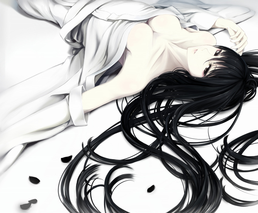 black_eyes black_hair breasts breasts_apart erise hair_between_eyes hair_spread_out japanese_clothes long_hair lying md5_mismatch medium_breasts no_bra on_back original outstretched_arm parted_lips petals smile solo very_long_hair