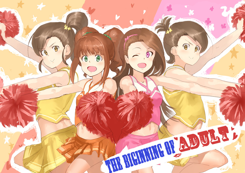 brown_hair cheering cheerleader futami_ami futami_mami hair_ornament idolmaster idolmaster_(classic) jyon looking_at_viewer midriff minase_iori miniskirt multicolored multicolored_background multiple_girls one_eye_closed open_mouth outstretched_arms pink_eyes pom_poms skirt sleeveless smile spread_arms takatsuki_yayoi yellow_eyes