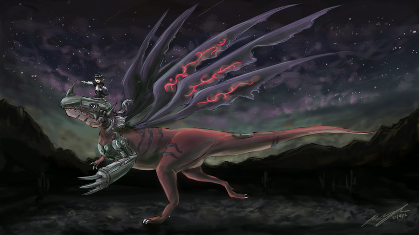 cyborg digimon dinosaur fusion highres metalgreymon multiple_wings night shinki star touhou touhou_(pc-98) usami_renko wings zucreelo