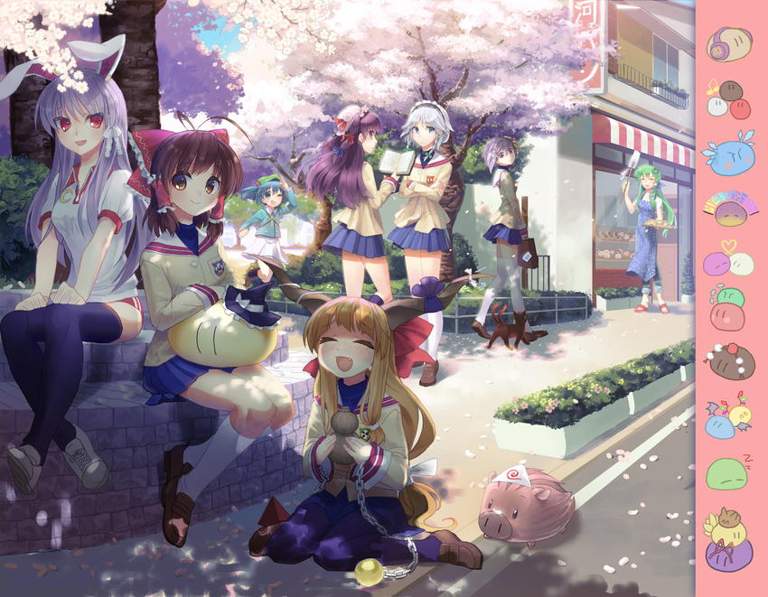 animal_ears antenna_hair apron bag bakery blonde_hair blue_eyes blue_hair boar book botan_(clannad) braid bread brown_hair bunny_ears buruma chain chen cherry_blossoms cirno clannad contemporary cosplay crossover dango dango_daikazoku fang flandre_scarlet food fujibayashi_kyou fujibayashi_kyou_(cosplay) fujibayashi_ryou fujibayashi_ryou_(cosplay) furukawa_nagisa furukawa_nagisa_(cosplay) furukawa_sanae furukawa_sanae_(cosplay) gourd green_eyes green_hair gym_uniform hakurei_reimu hat headband headphones hieda_no_akyuu highres hijiri_byakuren hikarizaka_private_high_school_uniform horns ibuki_fuuko ibuki_fuuko_(cosplay) ibuki_suika ichinose_kotomi ichinose_kotomi_(cosplay) izayoi_sakuya kaenbyou_rin kaenbyou_rin_(cat) kawashiro_nitori kazami_yuuka key kirisame_marisa kochiya_sanae komeiji_koishi komeiji_koishi_(dango) komeiji_satori komeiji_satori_(dango) long_hair lunasa_prismriver lyrica_prismriver merlin_prismriver multiple_girls nakahara_mai namesake one_eye_closed oni onozuka_komachi patchouli_knowledge pocketbee purple_eyes purple_hair red_eyes reisen_udongein_inaba remilia_scarlet ribbon saigyouji_yuyuko sakagami_tomoyo sakagami_tomoyo_(cosplay) school_bag school_uniform seiyuu_connection shameimaru_aya shiki_eiki shop siblings sidewalk silver_hair sisters skirt sunohara_mei sunohara_mei_(cosplay) thighhighs touhou toyosatomimi_no_miko triangular_headpiece twin_braids twins very_long_hair wagashi yakumo_ran yakumo_yukari zettai_ryouiki