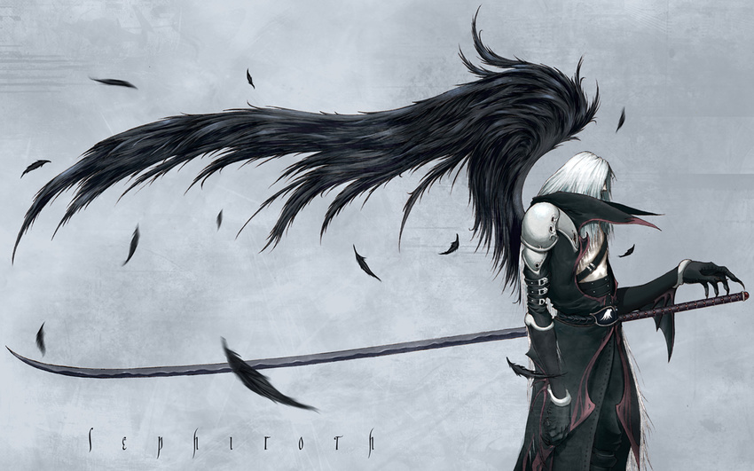 final_fantasy hair long_hair male sephiroth sword unknown_artist video_games weapon white_hair wings