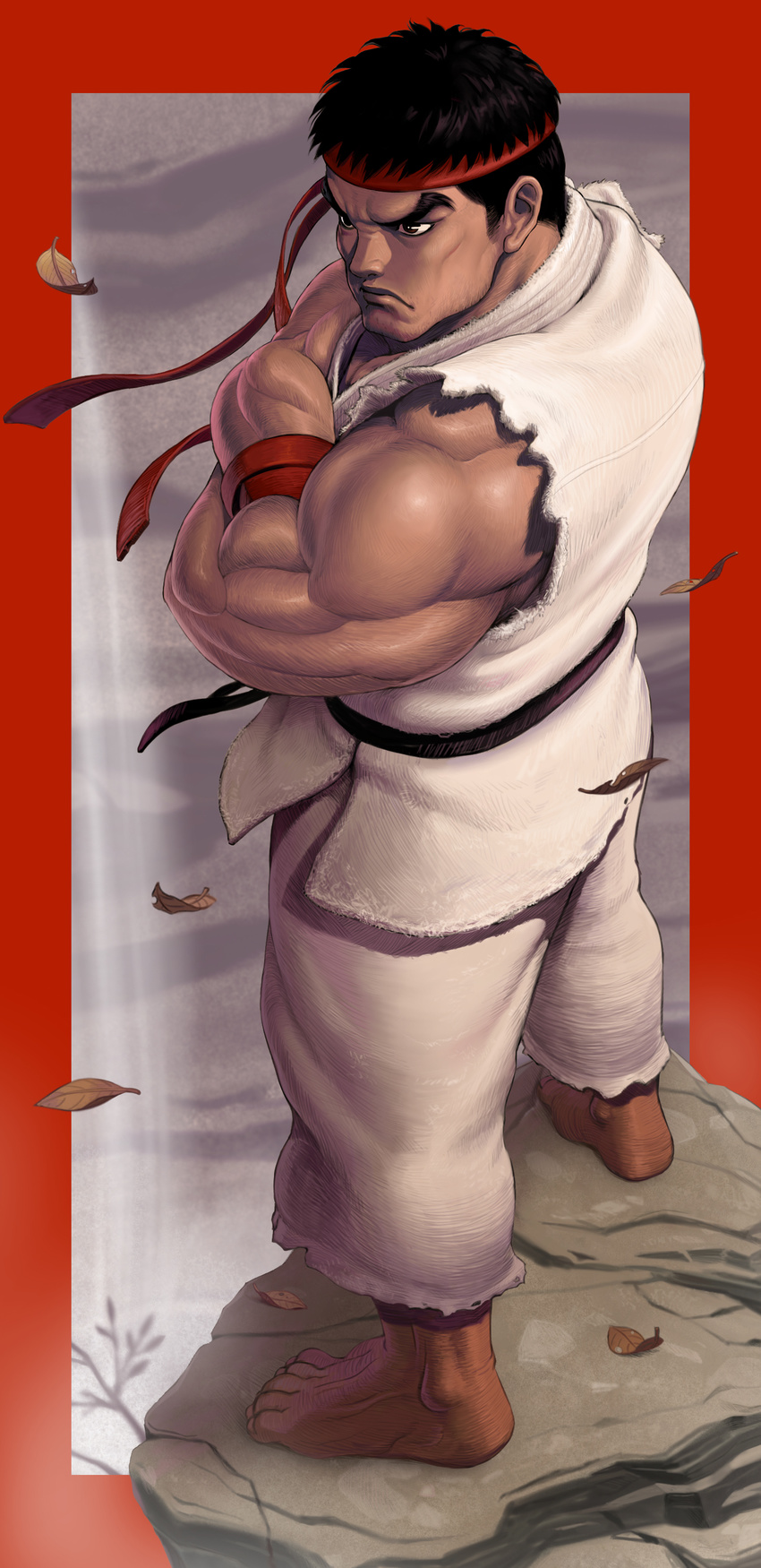 absurdres barefoot black_hair brown_eyes crossed_arms dougi from_above frown headband highres leaf looking_back male_focus manly muscle ryuu_(street_fighter) sakkan solo street_fighter wristband
