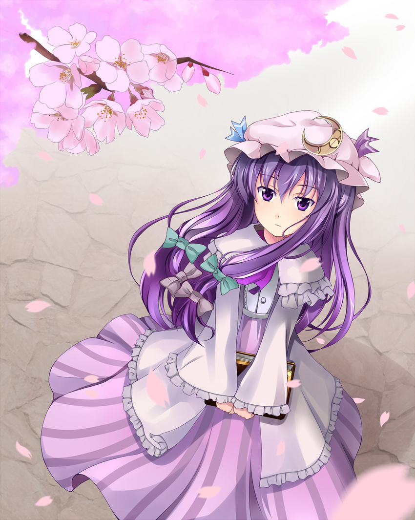 bad_id bad_pixiv_id book cherry_blossoms crescent hat highres long_hair patchouli_knowledge purple_eyes purple_hair qiuzhi_huiyi solo touhou very_long_hair
