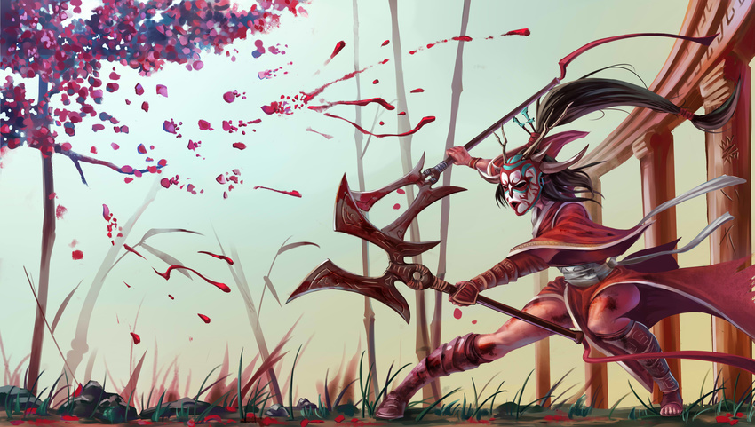 absurdres akali bamboo blood blood_moon_akali brown_hair dual_wielding fighting_stance highres holding league_of_legends long_hair mask ponytail solo very_long_hair youguang_liangliang