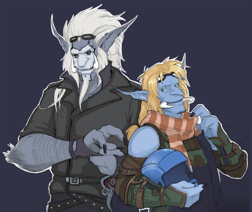 beard blonde_hair blue_skin clothing eyewear facial_hair gazrael goggles googles green_eyes grey_background hair leather male piercing plain_background scarf troll tusks video_games warcraft white_hair world_of_warcraft yellow_eyes