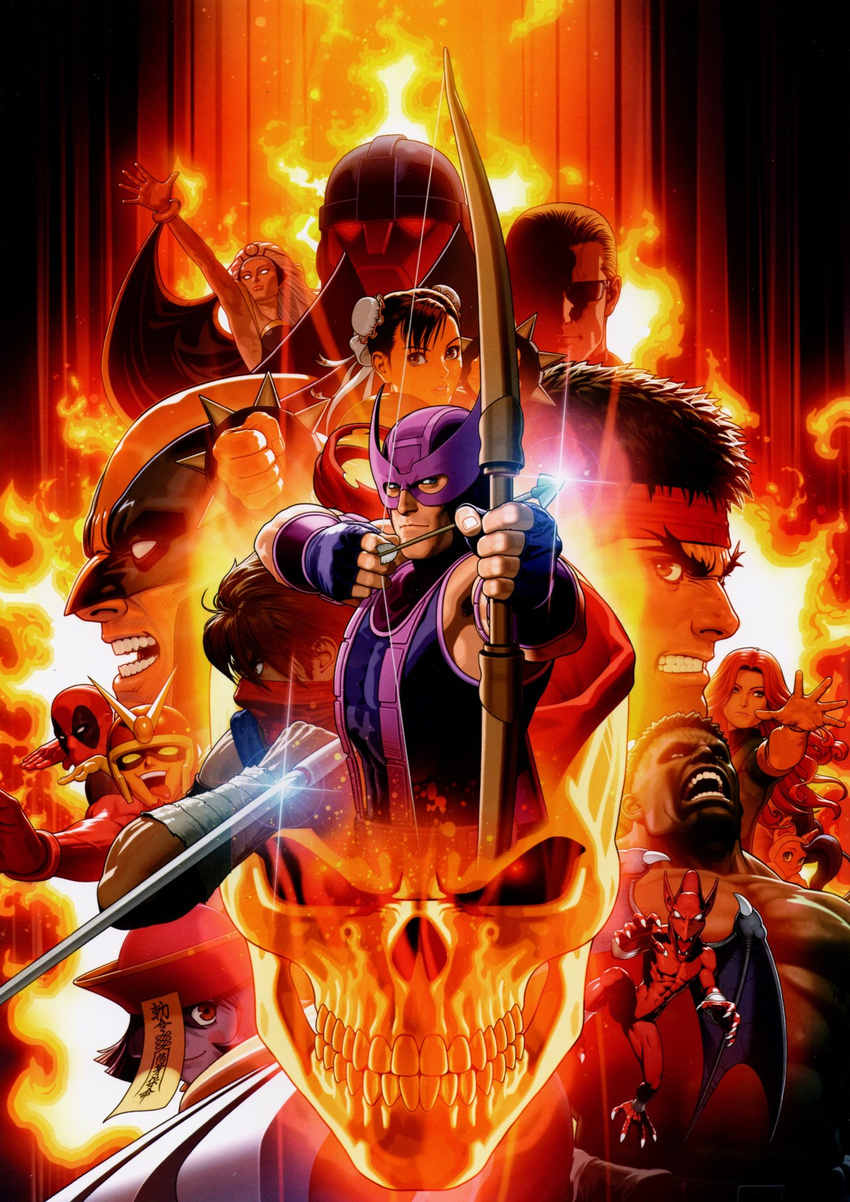 6+boys albert_wesker bruce_banner capcom chun-li clint_barton cover deadpool felicia ghost_rider hawkeye_(marvel) highres hulk lei_lei marvel marvel_vs._capcom marvel_vs._capcom_3 mecha mori_toshiaki multiple_boys multiple_girls official_art phoenix_(x-men) plasma_sword red_arremer robot ryuu_(street_fighter) sentinel_(x-men) skull storm_(x-men) street_fighter strider_hiryuu vampire_(game) viewtiful_joe wolverine x-men