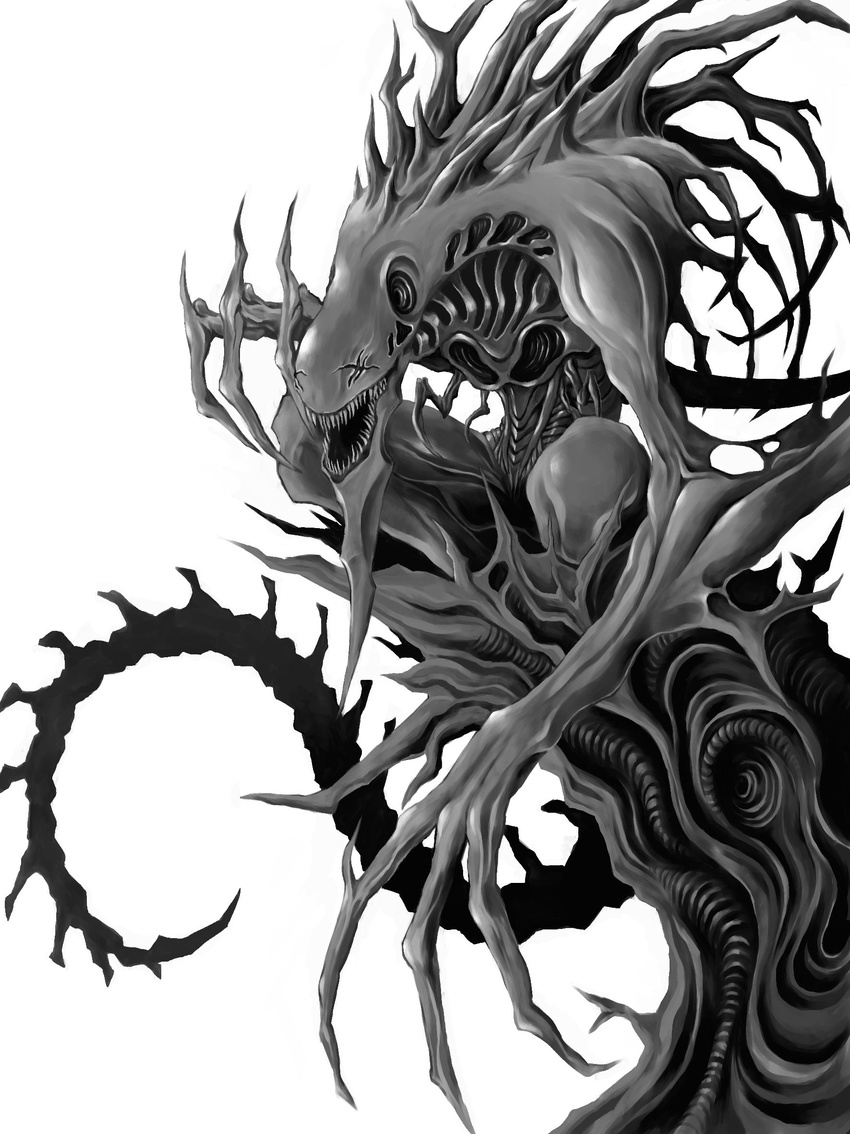 anthro bladed_tail bolt_(2277454) claws dark_skin greyscale hi_res long_tail magic_the_gathering monochrome nightmare_fuel phyrexian phyrexian_obliterator plain_background prehensile_tail sharp_teeth solo spiked_tail spikes teeth white_background