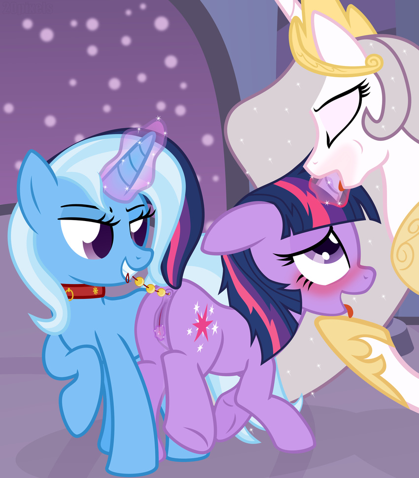 absurd_res ahegao anal_beads anus blush clitoris collar cutie_mark equine female feral friendship_is_magic glowing group group_sex hi_res horn hornjob lesbian magic mammal my_little_pony princess princess_celestia_(mlp) princess_molestia_(mlp) pussy royalty sex sex_toy threesome trixie_(mlp) twilight_sparkle_(mlp) unicorn winged_unicorn wings