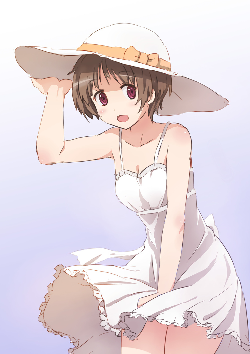 absurdres brown_hair chuunibyou_demo_koi_ga_shitai! dress hand_on_headwear hat highres red_eyes short_hair solo sun_hat sundress tsuyuri_kumin yinzhai