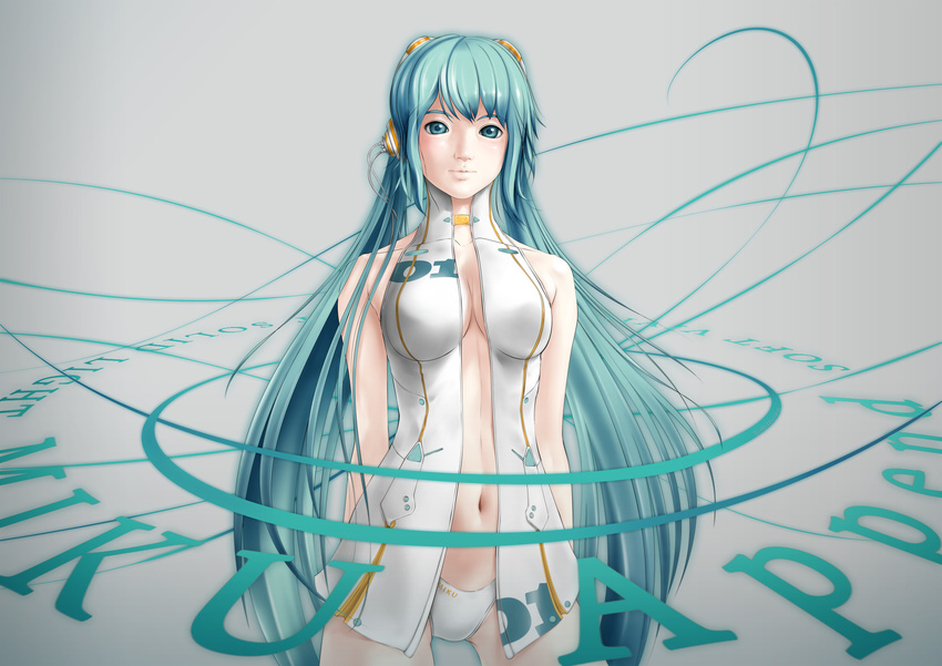 alternate_costume aqua_eyes aqua_hair breasts hatsune_miku hatsune_miku_(append) highres kirin404 lips long_hair medium_breasts navel open_clothes open_shirt panties realistic revision shirt solo twintails underwear very_long_hair vocaloid vocaloid_append