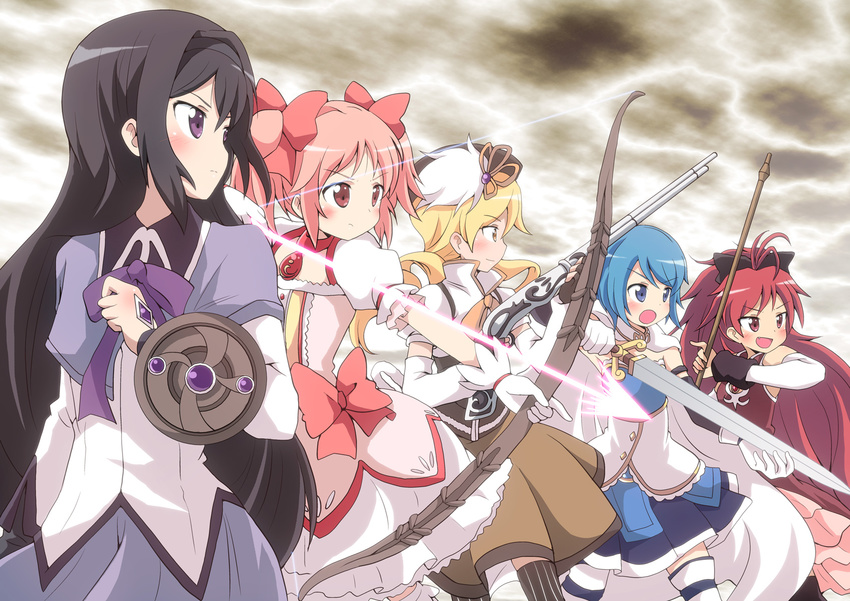 akemi_homura arrow black_hair blue_eyes blue_hair bow_(weapon) bubble_skirt gloves gun hairband highres kaname_madoka lineup long_hair magical_girl magical_musket mahou_shoujo_madoka_magica massala miki_sayaka multiple_girls pink_eyes pink_hair polearm ponytail purple_eyes red_eyes red_hair revision rifle sakura_kyouko short_hair short_twintails skirt spear sword thighhighs tomoe_mami twintails weapon