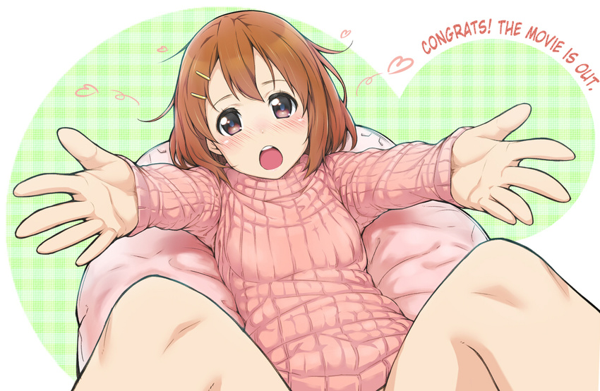 1girl blush brown_eyes brown_hair foreshortening hair_ornament hairclip hard_translated hirasawa_yui jkp423 k-on! knees komase_(jkp423) looking_at_viewer lying no_pants open_mouth outstretched_arms short_hair solo sweater sweater_dress translated