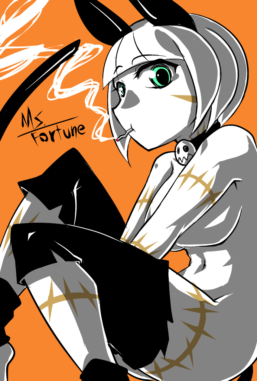 1girl animal_ears artist_request breasts cigarette green_eyes highres monochrome ms._fortune_(skullgirls) nadia_fortune naniwadou navel nude scar sideboob skullgirls smoke solo stitches tail topless