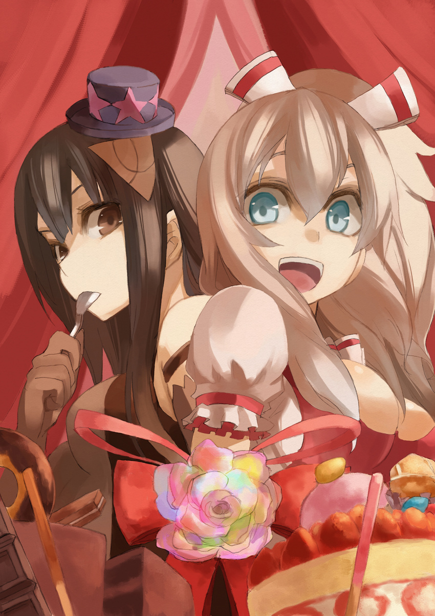 absurdres back-to-back black_hair blue_eyes breasts brown_hair cake chocolate_bar chocolate_cake cleavage curtains doughnut flower food fruit gloves hat highres long_hair medium_breasts mini_hat mouth_hold multicolored multicolored_rose multiple_girls open_mouth original pepe_(jonasan) rose smile spoon spoon_in_mouth strawberry strawberry_pocky strawberry_shortcake