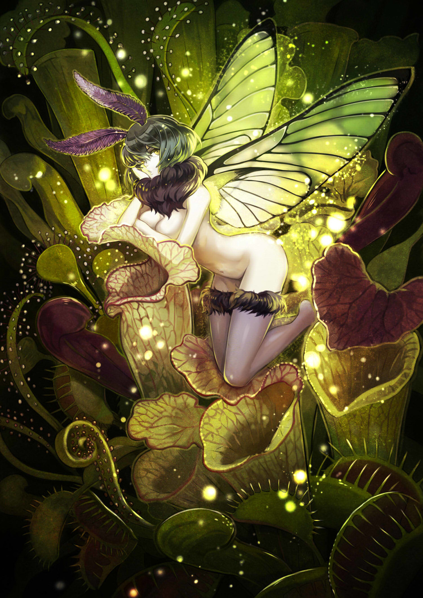 antennae black_hair black_legwear breasts butterfly_wings chin_rest green_wings highres insect_girl insect_wings light_particles medium_breasts monster_girl moss navel nude original osamu_(jagabata) pitcher_plant plant short_hair solo thighhighs venus_flytrap wings yellow_eyes