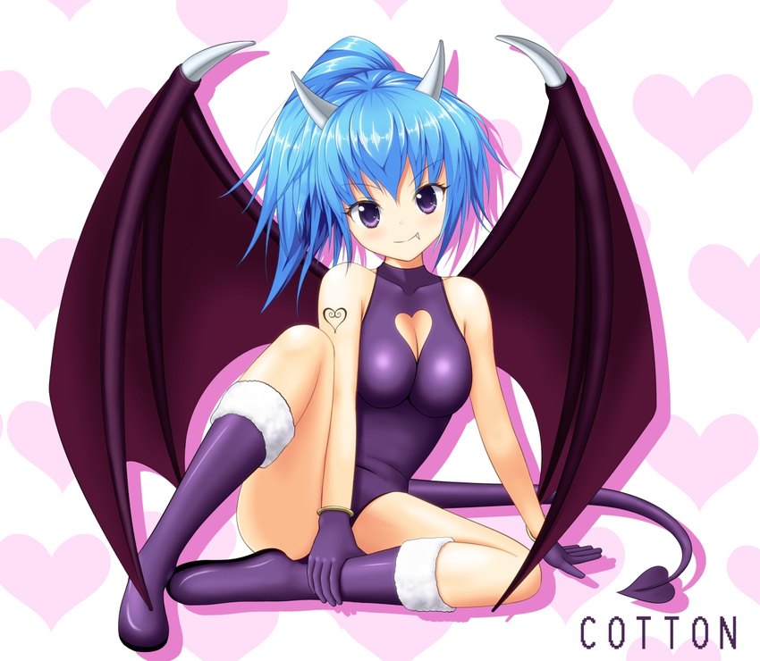 arm_support bangs bare_shoulders beyblade blue_hair blush boots breasts character_name cleavage cleavage_cutout closed_mouth cotton_(beyblade) covered_collarbone demon_girl demon_tail demon_wings drop_shadow fang_out full_body fur_trim gloves halterneck hand_on_ankle head_tilt heart heart_background heart_cutout heart_tattoo high_ponytail horns impossible_clothes impossible_leotard jisedai_beigoma_battle_beyblade knee_boots knee_up leaning leotard light_smile looking_at_viewer medium_breasts muhi_shogun ponytail purple_eyes purple_footwear purple_gloves purple_leotard purple_wings shadow shiny shiny_hair sitting smile solo spread_legs tail tattoo turtleneck white_background wings