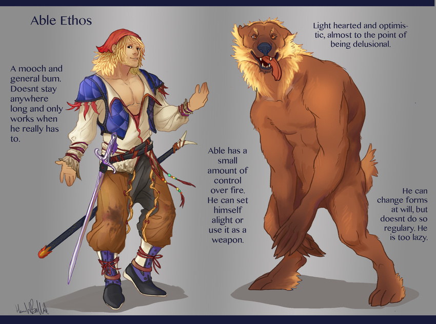 biceps blonde_hair brown_eyes brown_fur canine clothing facial_hair fur hair human looking_at_viewer male mammal model_sheet muscles nude open_mouth panting pikeo pirate solo sword teeth tongue weapon were werewolf