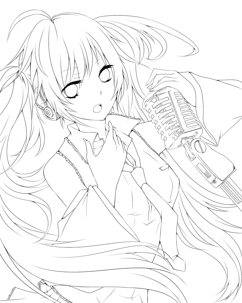 ahoge detached_sleeves greyscale haru_(haru2079) hatsune_miku headphones highres lineart long_hair microphone microphone_stand monochrome necktie open_mouth solo star transparent_background twintails vocaloid