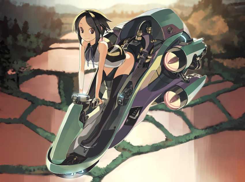 aircraft bangs bent_over black_hair black_legwear boots brown_eyes engine flying hover_bike legs looking_at_viewer no_pants original outdoors parted_bangs revision rice_paddy riding shihou_(g-o-s) shirt short_hair sleeveless sleeveless_shirt smile solo thigh_boots thighhighs turbine