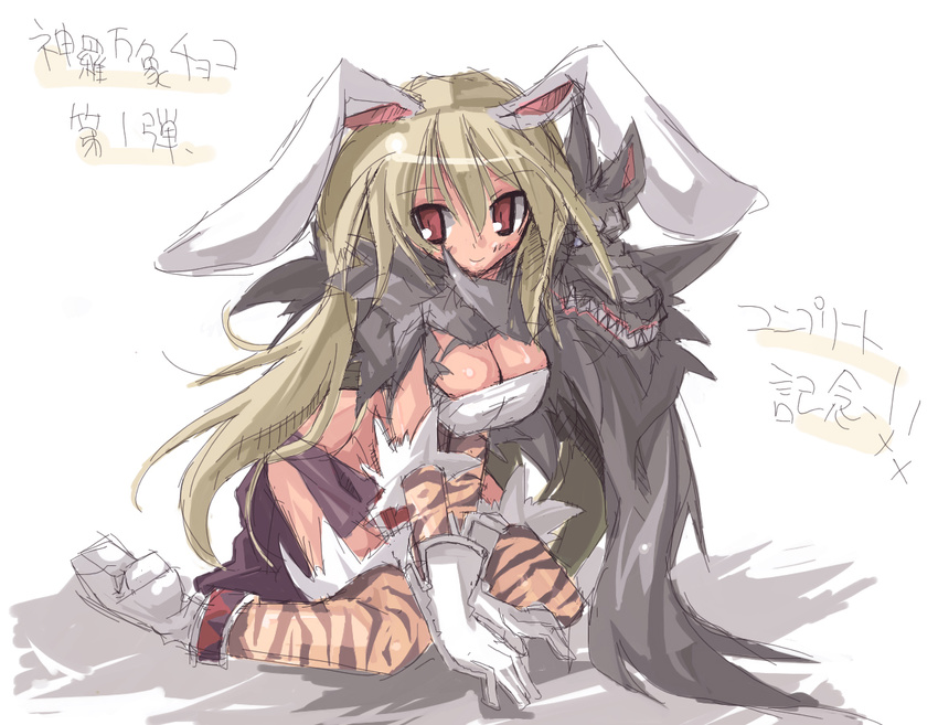 animal_ears animal_print bad_id bad_pixiv_id blonde_hair breasts bunny_ears cleavage endou_chihiro gloves large_breasts natajya red_eyes shinrabanshou smile solo tiger_print translation_request white_gloves wolf