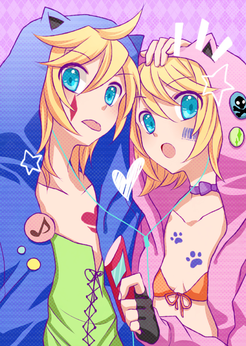 1girl :p blonde_hair blue_eyes brother_and_sister highres hood hoodie kagamine_len kagamine_rin looking_at_viewer short_hair siblings tongue tongue_out twins vocaloid yayoi_(egoistic_realism)