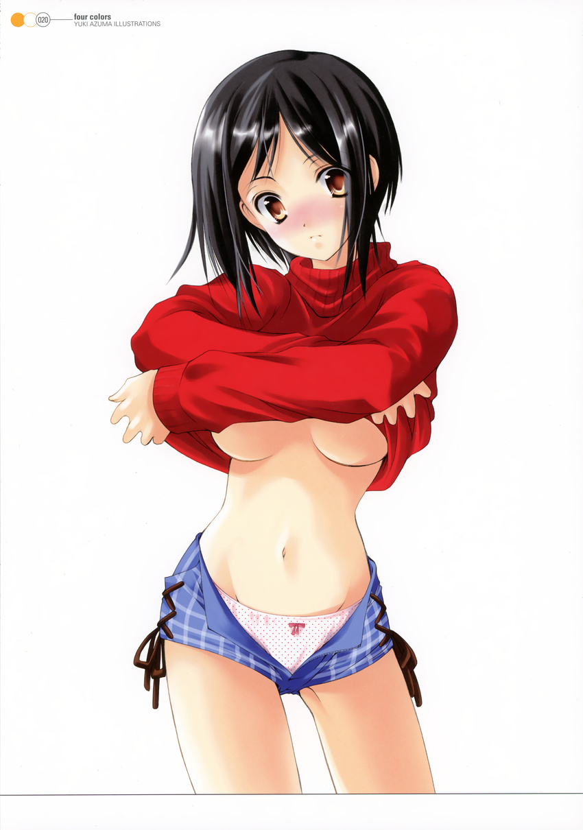 absurdres azuma_yuki black_hair bow bow_panties breasts brown_eyes copyright_request highres jacket medium_breasts no_bra open_clothes open_shorts panties pink_panties polka_dot polka_dot_panties short_shorts shorts solo underboob underwear undressing