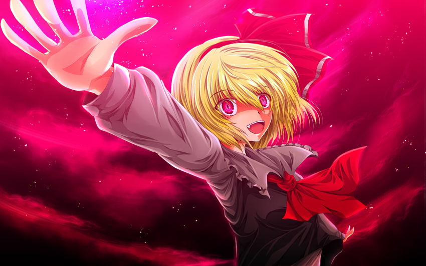 ascot aurora bad_id bad_pixiv_id blush fang foreshortening glowing glowing_eyes hair_ribbon highres long_sleeves nekominase night open_mouth outstretched_arms pink_eyes ribbon rumia shaded_face shirt short_hair sky smile solo star_(sky) touhou upper_body vest wind