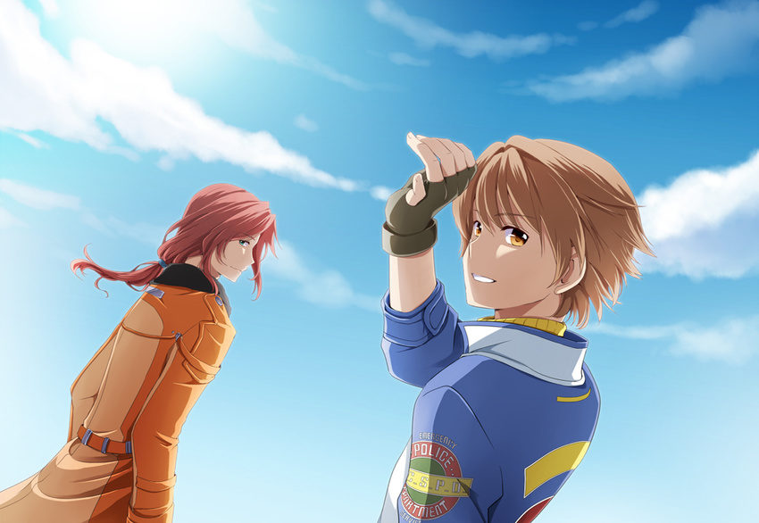 blue_background brown_eyes brown_hair cloud coat day eiyuu_densetsu fingerless_gloves gloves green_eyes lloyd_bannings long_hair male_focus multiple_boys randy_orlando red_hair sky smile sun_trial