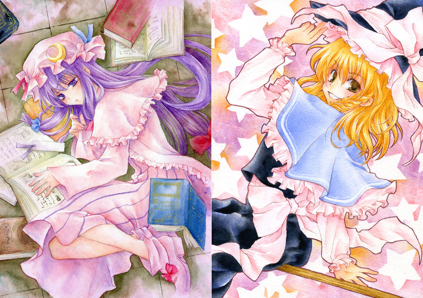 aoi_yuuka_(ao_no_kokoro) blonde_hair book broom broom_riding hat kirisame_marisa long_hair lying multiple_girls patchouli_knowledge purple_eyes purple_hair smile star touhou traditional_media very_long_hair witch_hat