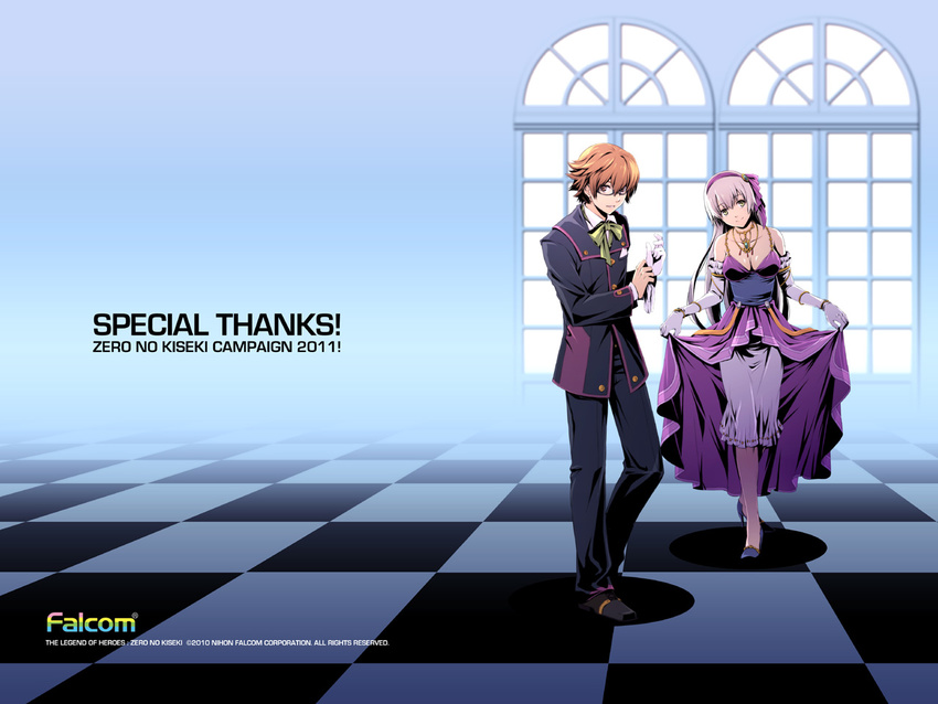 1girl 2011 bespectacled blue_background bow bowtie breasts brown_hair cleavage company_name copyright_name crossed_legs curtsey dress eiyuu_densetsu elbow_gloves elie_macdowell enami_katsumi formal glasses gloves hairband high_heels jewelry lloyd_bannings long_hair medium_breasts necklace official_art pants purple_dress purple_hair shoes single_glove suit watson_cross white_gloves window zero_no_kiseki
