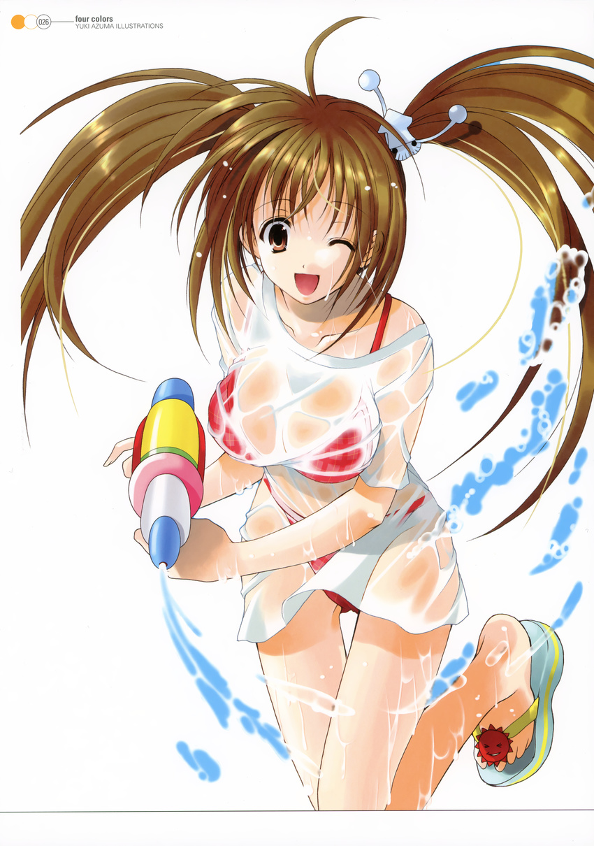 ;d absurdres ahoge azuma_yuki bikini breasts brown_eyes brown_hair checkered checkered_bikini cleavage copyright_request hair_ornament hairclip highres large_breasts one_eye_closed open_mouth red_bikini see-through slippers smile solo swimsuit twintails water water_gun wet wet_clothes