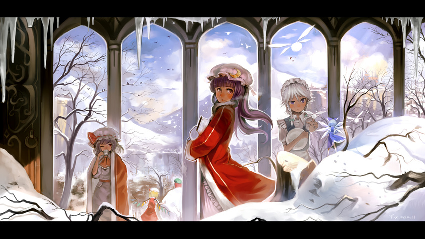 arcade_(architecture) ascot bird blonde_hair blue_dress blue_eyes blue_hair blue_sky book book_hug bow braid carrying cirno cloud coat crescent cup dress drinking fairy flandre_scarlet forest gloves hair_bow hat holding holding_book hong_meiling izayoi_sakuya letterboxed long_hair long_sleeves maid maid_headdress minigirl mountain multiple_girls nature one_eye_closed outstretched_arm outstretched_hand patchouli_knowledge plate puffy_sleeves purple_eyes purple_hair red_eyes red_hair remilia_scarlet sash shirt short_hair short_sleeves silver_hair skirt sky snow teacup touhou tree twin_braids twintails uneven_twintails white_gloves wings yuushoku