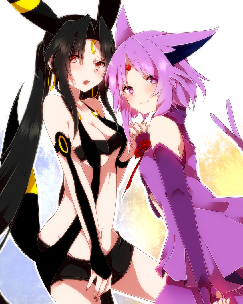animal_ears breasts earrings espeon fingerless_gloves forked_tail gen_2_pokemon gloves highres holding_hands jewelry long_hair looking_at_viewer medium_breasts multiple_girls navel open_mouth pantyhose personification pokemon purple_eyes purple_hair red_eyes short_hair short_shorts shorts smile tail takeshima_(nia) umbreon