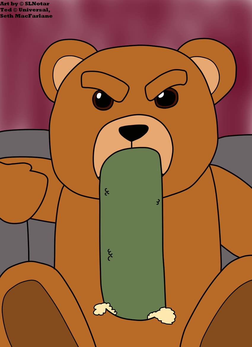 bear brown_fur cucumber hindpaw humor looking_at_viewer male paws plushie presenting simple_background slnotar sofa ted teddy_bear