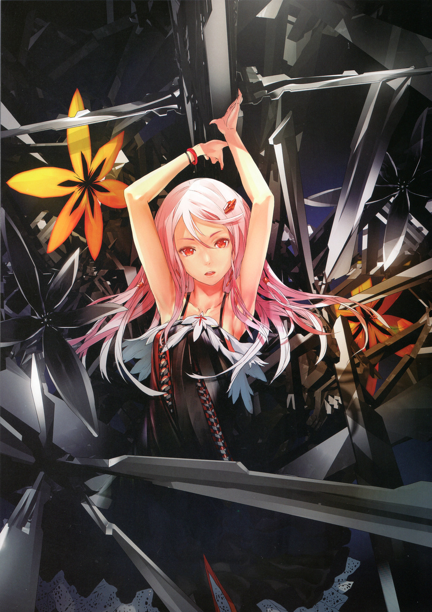 absurdres armpits arms_up bare_shoulders boots bracelet collarbone dress face flower guilty_crown hair_ornament hairclip highres jewelry long_hair looking_at_viewer nail_polish official_art open_mouth pink_hair red_eyes redjuice solo thigh_boots thighhighs yuzuriha_inori