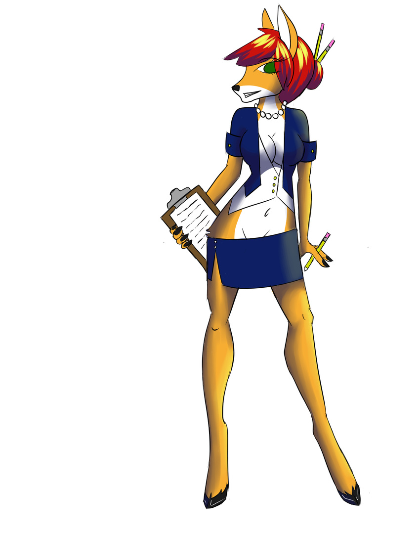 anthro big_breasts breasts cervine cleavage clipboard clothed clothing color deer dressed female green_eyes hair hooves looking_at_viewer male mammal office oldmusic oldmusic_(artist) pen plain_background pose red_hair secretary skimpy smile solo standing straight white_background