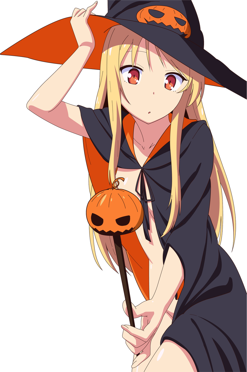 :o absurdres blonde_hair cape censored convenient_censoring extraction foreshortening fujii_masahiro halloween hat highres jack-o'-lantern long_hair naked_cape non-web_source nude orange_eyes pumpkin sakura-sou_no_pet_na_kanojo shiina_mashiro solo transparent_background vector_trace witch_hat